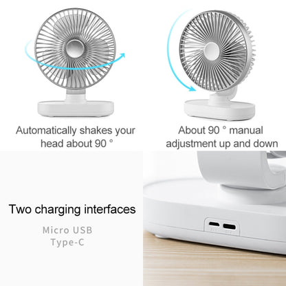 D77 Ventilateur de bureau portable rechargeable 4W Micro USB & USB-C / Type-C à quatre vitesses réglables et à tête oscillante automatique, Micro USB & USB-C / Type-C