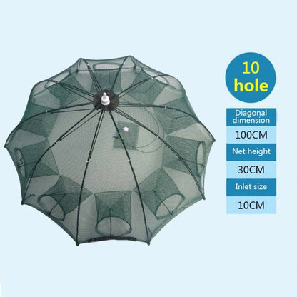Filet de pêche automatique pliable 10 trous en nylon pour la pêche à la crevette, au crabe et au vairon, 10 trous