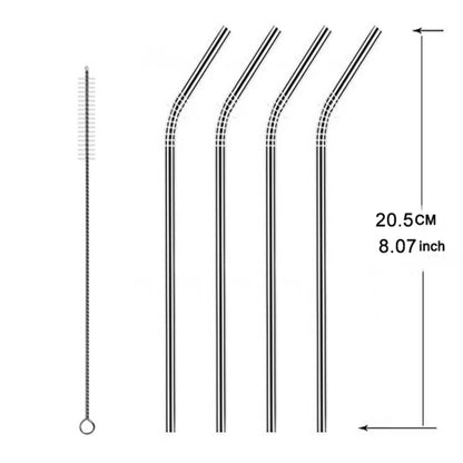 5pcs Reusable Stainless Steel Bent Drinking Straw + Cleaner Brush Set Kit,  215*6mm, 215*6mm (Bent)