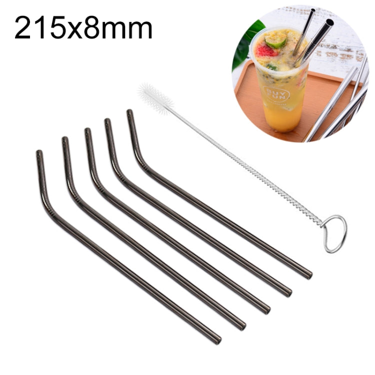 5 pailles réutilisables en acier inoxydable coudées + brosse de nettoyage, 215*8mm, 215*8mm (coudée)
