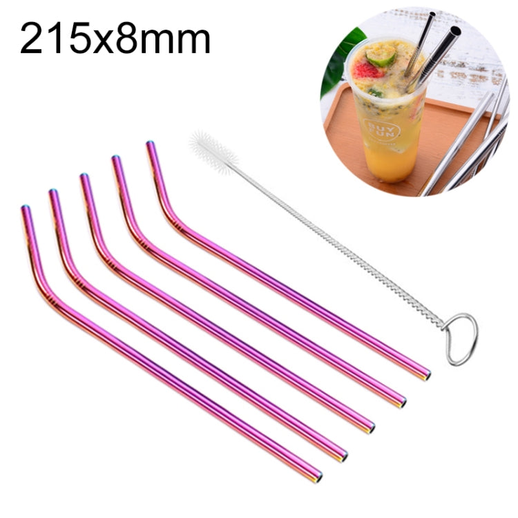 5pcs Reusable Stainless Steel Bent Drinking Straw + Cleaner Brush Set Kit,  215*8mm