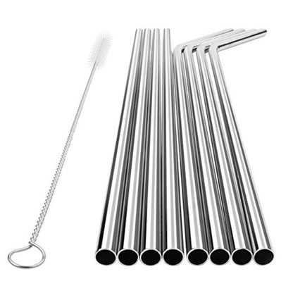 5 pailles réutilisables en acier inoxydable coudées + brosse de nettoyage, 215*8mm, 215*8mm (coudée)
