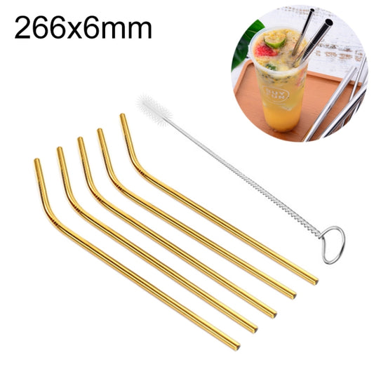 5pcs Reusable Stainless Steel Bent Drinking Straw + Cleaner Brush Set Kit,  266*6mm