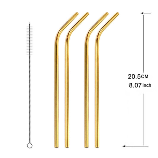 5pcs Reusable Stainless Steel Bent Drinking Straw + Cleaner Brush Set Kit,  266*6mm