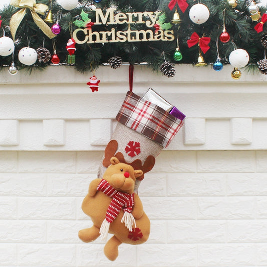 Décoration de Noël Tissu Lattice Chaussette de Noël Sac Cadeau Suspendu, Élan, Bonhomme de Neige, Père Noël