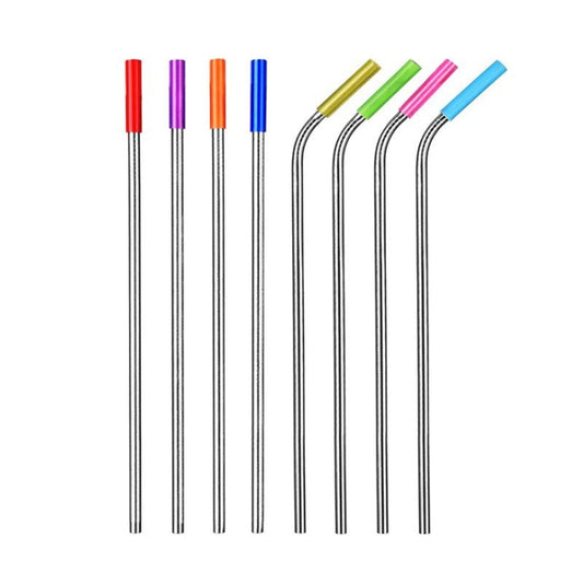 8pcs Reusable Silicone Tips Stainless Steel Drinking Straws + 2pcs Cleaner Brushes Set Kit with Cashmere Bag,  215*6mm