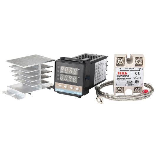 11000W REX-C100 Thermostat + Heat Sink + Thermocouple + SSR-100 DA Solid State Module Intelligent Temperature Control Kit, 100DA