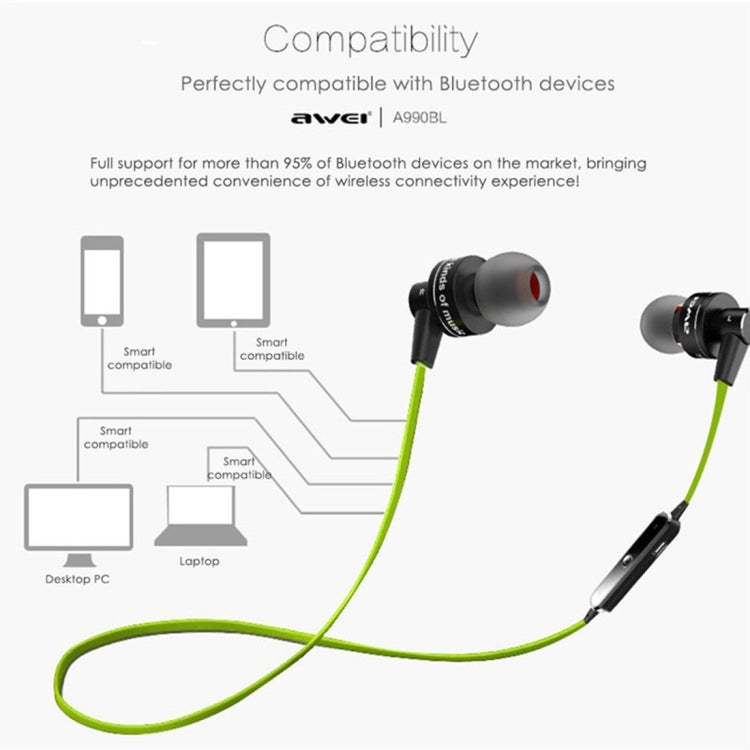 AWEI A990BL Wireless Sport Bluetooth Stereo Earphone with Wire Control + Mic, Support Handfree Call