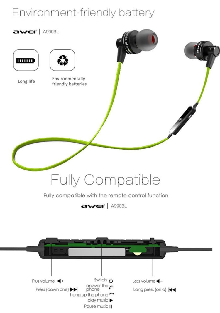 AWEI A990BL Wireless Sport Bluetooth Stereo Earphone with Wire Control + Mic, Support Handfree Call