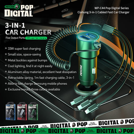 WK WP-C44 Pop Digital Series Ciahung 3-in-1 Dual-USB Kfz-Schnellladegerät mit Kabel 33W, WP-C44 (Schwarz), WP-C44 (Silber)