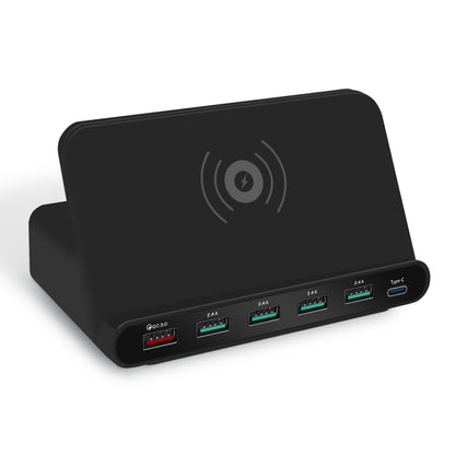 828W 7 in 1 60W QC 3.0 USB Interface + 4 USB Ports + USB-C / Type-C Interface + Wireless Charging Multi-function Charger with Mobile Phone Holder Function, UK Plug, UK Plug Black, UK Plug White