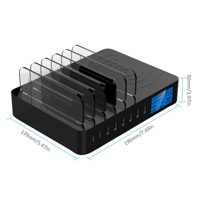 50W 6 USB Ports + 2 USB-C / Type-C Ports + Wireless Charging Multi-function Charger with LED Display & Detachable Bezel, EU Plug, EU Plug