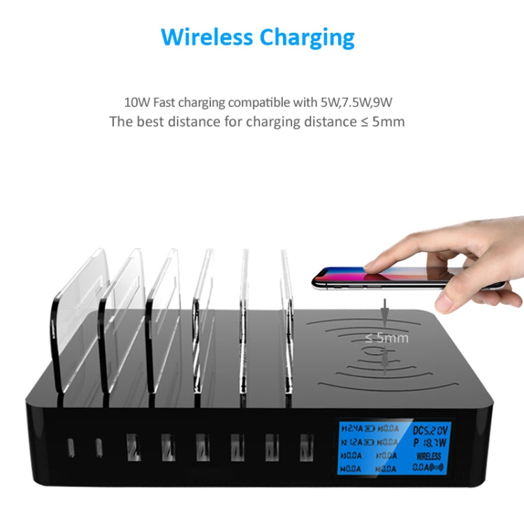 50W 6 USB Ports + 2 USB-C / Type-C Ports + Wireless Charging Multi-function Charger with LED Display & Detachable Bezel, EU Plug, EU Plug