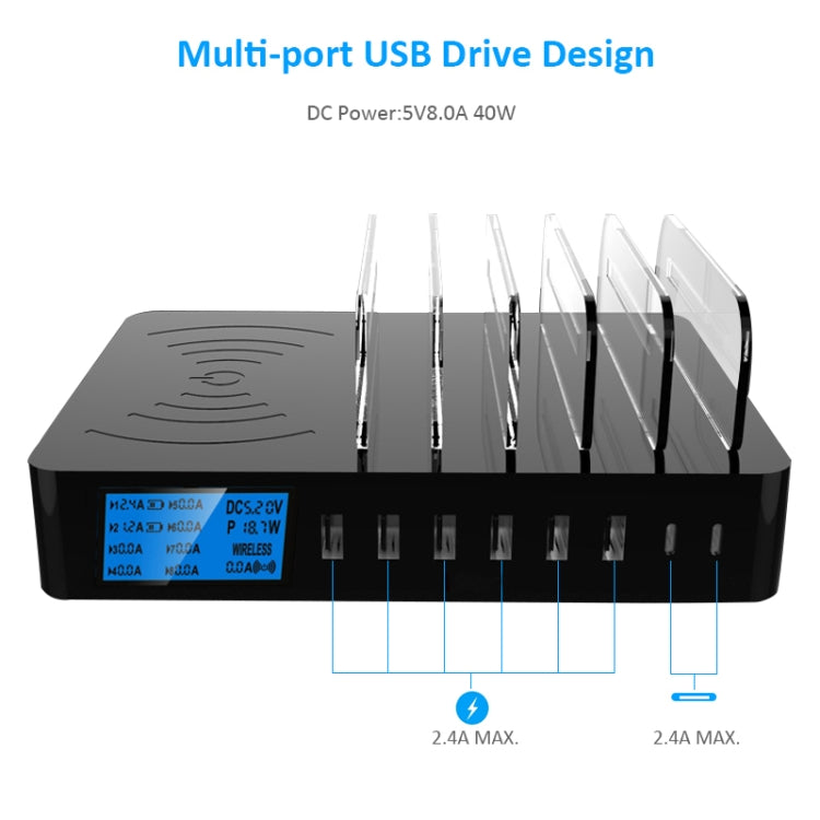50W 6 USB Ports + 2 USB-C / Type-C Ports + Wireless Charging Multi-function Charger with LED Display & Detachable Bezel, EU Plug, EU Plug