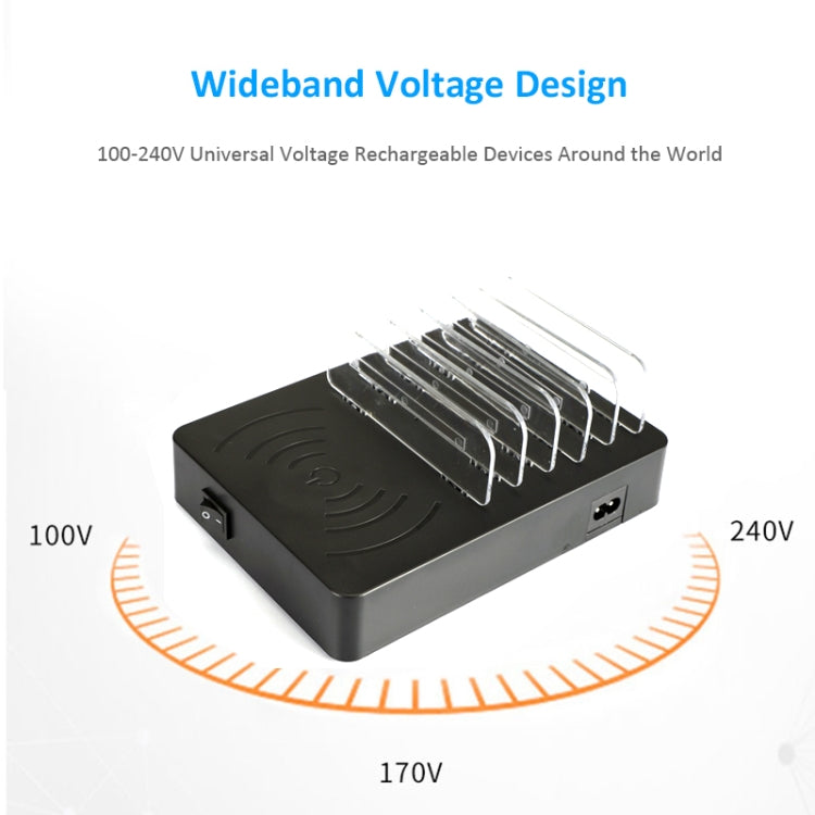 50W 6 USB Ports + 2 USB-C / Type-C Ports + Wireless Charging Multi-function Charger with LED Display & Detachable Bezel, EU Plug, EU Plug