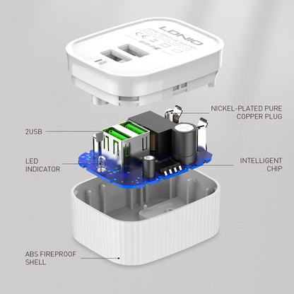 LDNIO A201 2.4A Dual USB Charging Head Travel Direct Charge Mobile Phone Adapter Charger With 8 Pin Data Cable, 8 Pin