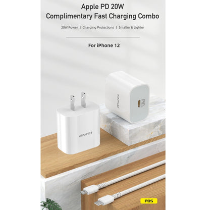 awei PD5 PD 20W Fast Charging Travel Charger Power Adapter with Type-C / USB-C to 8 Pin Cable, US Plug
