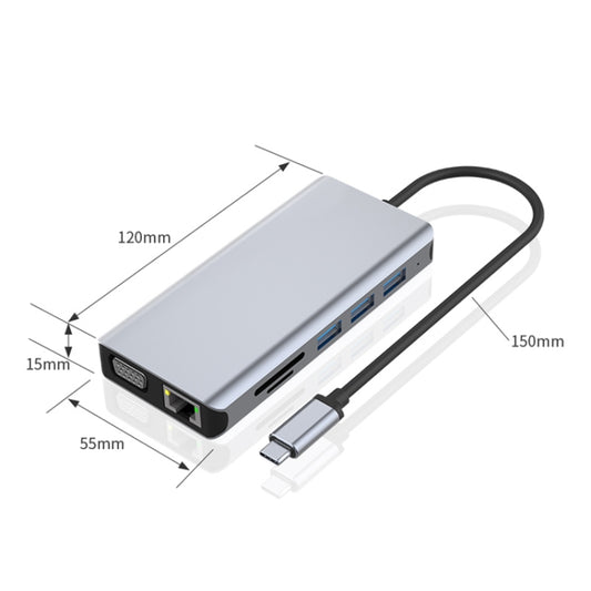 Adaptateur de hub USB-C 12 en 1 avec RJ45 + PD 100W + SD/TF + 5 ports USB3.0 + HDMI + VGA + AUX 3,5mm, 12 en 1