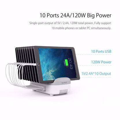 Station de recharge intelligente ORICO DUK-10P 120W 10 ports USB avec support pour téléphone et tablette, prise EU, prise EU (noir), prise EU (blanc), prise US (noir), prise US (blanc), prise UK (noir), prise UK (blanc), prise AU (noir), prise AU (blanc)