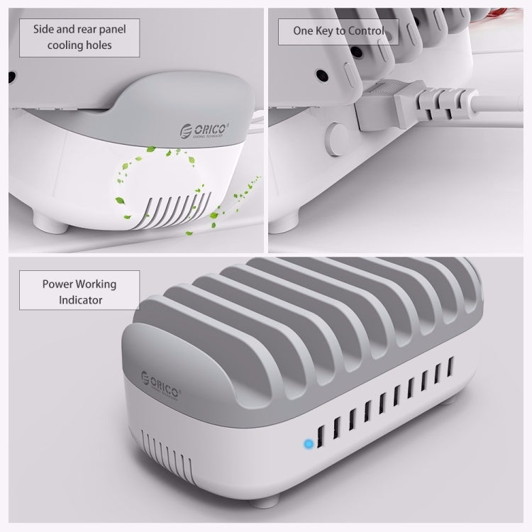 Station de recharge intelligente ORICO DUK-10P 120W 10 ports USB avec support pour téléphone et tablette, prise EU, prise EU (noir), prise EU (blanc), prise US (noir), prise US (blanc), prise UK (noir), prise UK (blanc), prise AU (noir), prise AU (blanc)