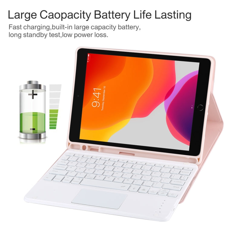 TG-102BCS Detachable Bluetooth White Keyboard + Microfiber Leather Tablet Case for iPad 10.2 inch / iPad Air (2019), with Touch Pad & Backlight & Pen Slot & Holder, White Keyboard