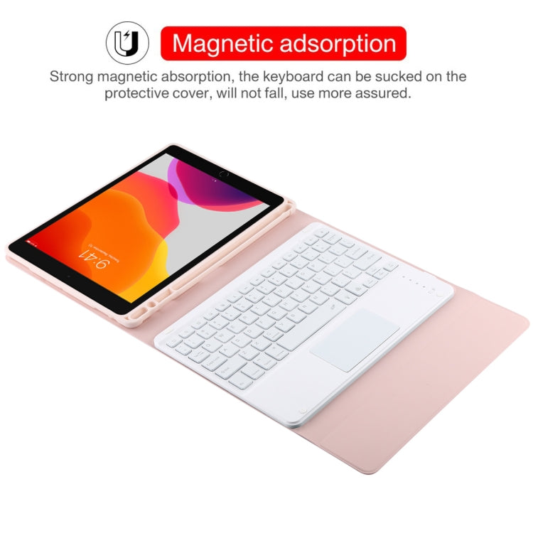 TG-102BCS Detachable Bluetooth White Keyboard + Microfiber Leather Tablet Case for iPad 10.2 inch / iPad Air (2019), with Touch Pad & Backlight & Pen Slot & Holder, White Keyboard
