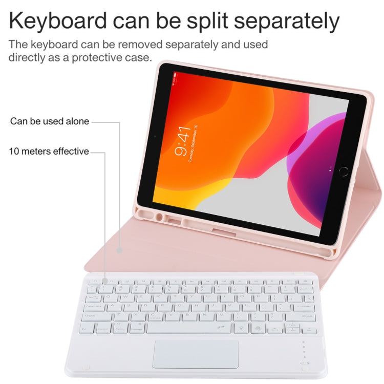 TG-102BCS Detachable Bluetooth White Keyboard + Microfiber Leather Tablet Case for iPad 10.2 inch / iPad Air (2019), with Touch Pad & Backlight & Pen Slot & Holder, White Keyboard