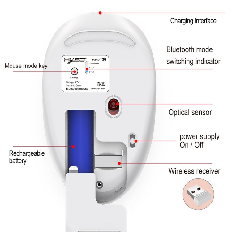 HXSJ T36 2.4G Bluetooth 5.0+3.0 Three-mode Silent Design Wireless Bluetooth Mouse
