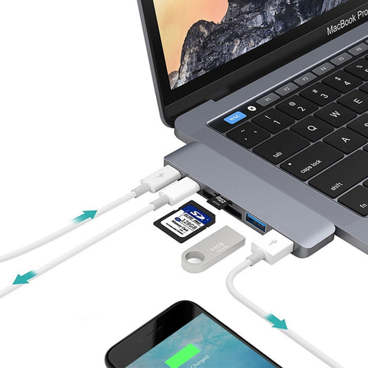 6 in 1 Multi-function Aluminium Alloy 5Gbps Transfer Rate Dual USB-C / Type-C HUB Adapter with 2 USB 3.0 Ports & 2 USB-C / Type-C Ports & SD Card Slot & TF Card Slot for Macbook 2015 / 2016 / 2017, 6 in 1 Grey