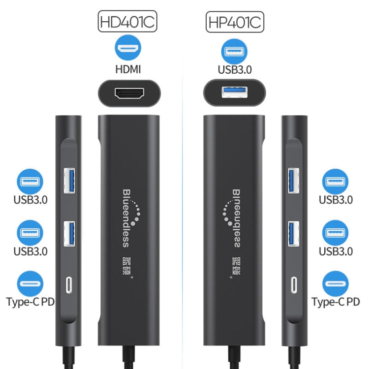 Blueendless 4 In 1 Multi-function Type-C / USB-C to HDMI + PD + Dual USB 3.0 HUB Expansion Dock, 4 In 1 HDMI + PD + Dual USB 3.0
