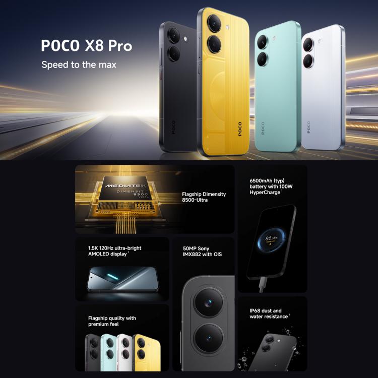 Xiaomi POCO X8 Pro Global, 8GB+256GB, In-screen Fingerprint, 6.59 inch Xiaomi HyperOS 3 Dimensity 8500-Ultra Octa Core, NFC, Network: 5G, 8GB+256GB