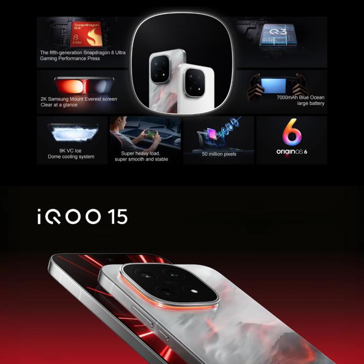vivo iQOO 15, 16 Go+256 Go, Android 16 de 6,85 pouces OriginOS 6 Snapdragon 8 Elite Gen 5 Octa Core, OTG, NFC, Réseau : 5G, compatible Google Play, 16 Go+256 Go