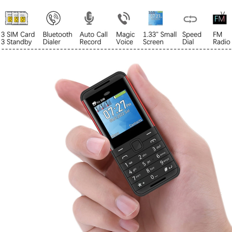 1.33 inch, MTK6261D, 21 Keys, Support Bluetooth, FM, Magic Sound, Auto Call Record, GSM, Triple SIM, English Key