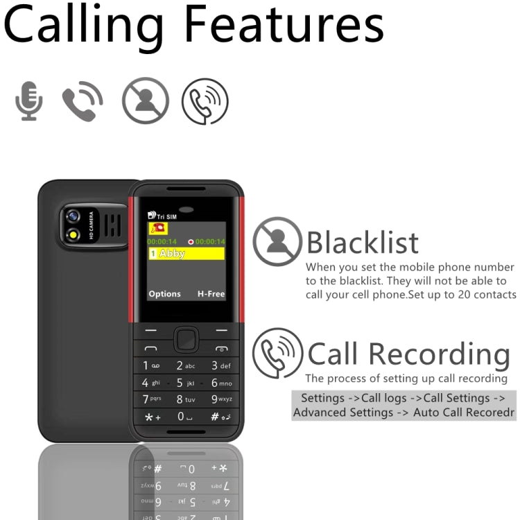 1.33 inch, MTK6261D, 21 Keys, Support Bluetooth, FM, Magic Sound, Auto Call Record, GSM, Triple SIM, English Key