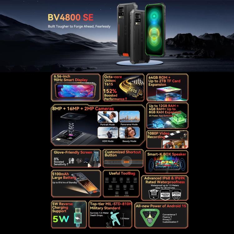 Téléphone robuste Blackview BV4800 SE, 4 Go+64 Go, Android 15 de 6,56 pouces, processeur Octa Core UMS9320E T615, réseau : 4G, OTG, NFC, BV4800 SE 4 Go+64 Go
