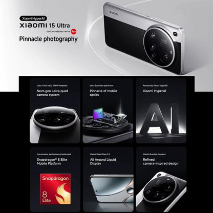 Xiaomi 15 Ultra Global, 16GB+512GB, 3D Ultrasonic Fingerprint, 200MP Camera, 6.73 inch Xiaomi HyperOS 2 Snapdragon 8 Elite Octa Core 3nm, NFC, Network: 5G, Xiaomi 15 Ultra Global, 16GB+512GB (Silver), Xiaomi 15 Ultra Global, 16GB+512GB (Black)