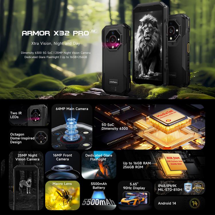 Ulefone Armor X32 Pro 5G, 8 Go + 256 Go, vision nocturne, téléphone robuste IP68/IP69K, Android 14 MediaTek Dimensity 6300 Octa Core de 5,65 pouces, réseau : 5G, NFC, OTG, Armor X32 Pro 5G