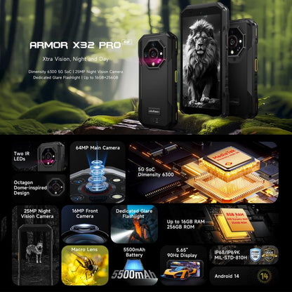 Ulefone Armor X32 Pro 5G, 8 Go + 256 Go, vision nocturne, téléphone robuste IP68/IP69K, Android 14 MediaTek Dimensity 6300 Octa Core de 5,65 pouces, réseau : 5G, NFC, OTG, Armor X32 Pro 5G
