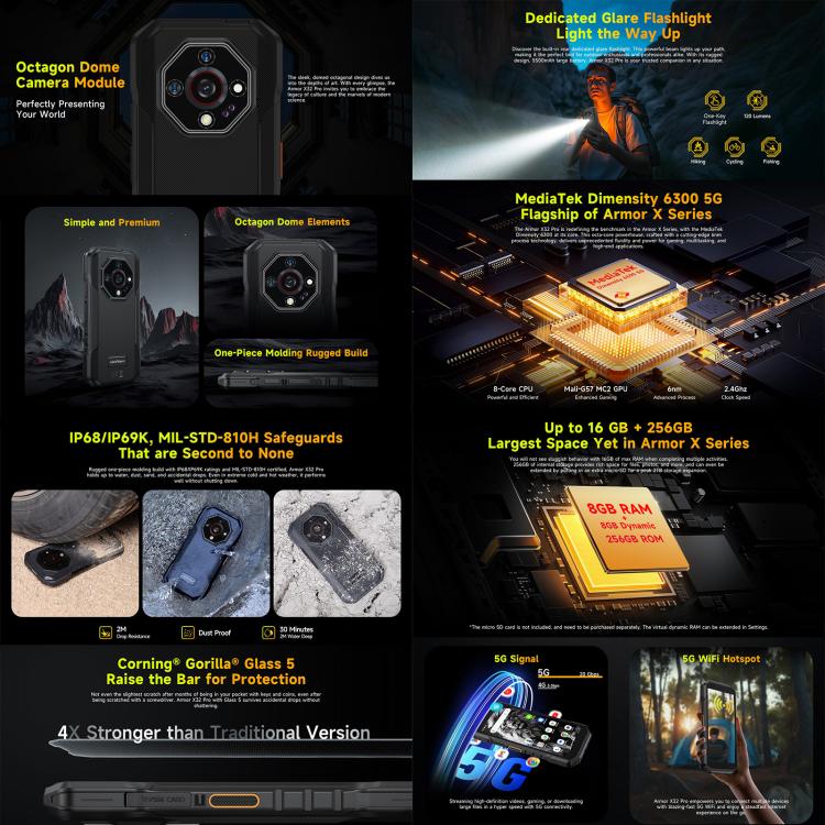 Ulefone Armor X32 Pro 5G, 8 Go + 256 Go, vision nocturne, téléphone robuste IP68/IP69K, Android 14 MediaTek Dimensity 6300 Octa Core de 5,65 pouces, réseau : 5G, NFC, OTG, Armor X32 Pro 5G