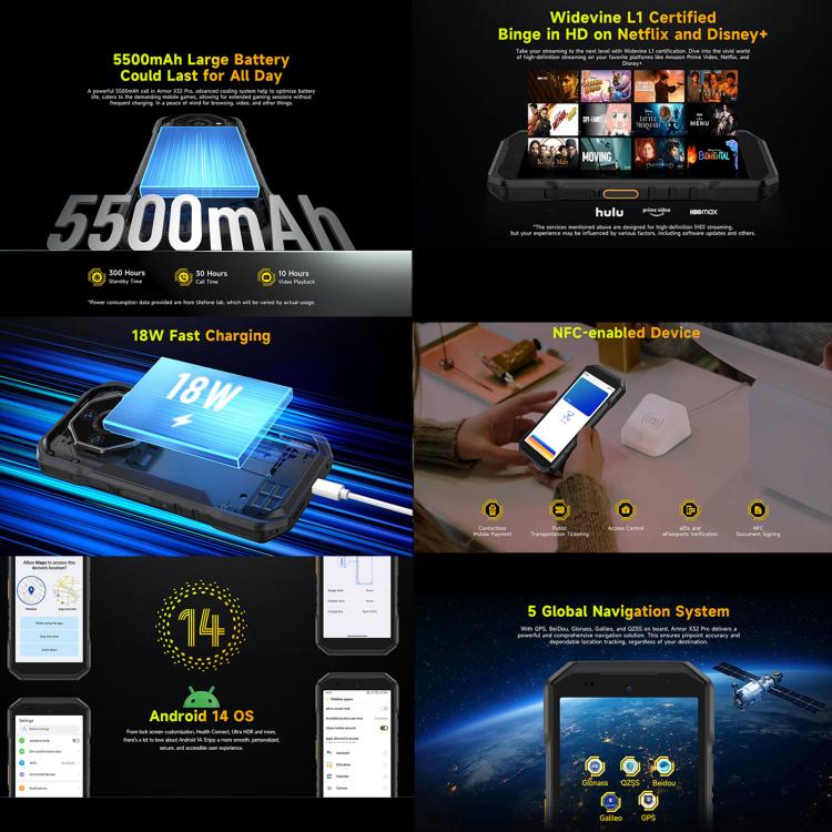 Ulefone Armor X32 Pro 5G, 8 Go + 256 Go, vision nocturne, téléphone robuste IP68/IP69K, Android 14 MediaTek Dimensity 6300 Octa Core de 5,65 pouces, réseau : 5G, NFC, OTG, Armor X32 Pro 5G