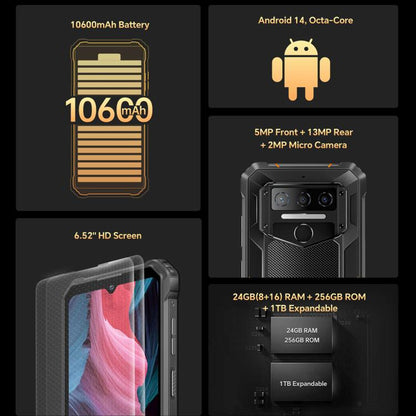Oukitel WP23 Plus Rugged Phone, 8GB+256GB, 6.52 inch Android 14.0Unisoc T606 Octa-core, NFC, OTG, Network: 4G, WP23 Plus, WP23 Plus 8GB+256GB