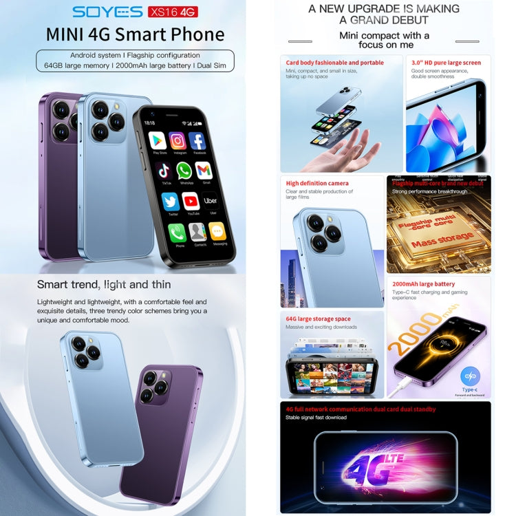 SOYES XS16, 3 Go + 64 Go, 3,0 pouces Android 10.0 MTK6737 Quad Core, Bluetooth, Wi-Fi, Réseau : 4G, Double SIM, Compatible Google Play Store, 3 Go + 64 Go