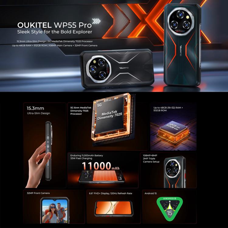 Oukitel WP55 Pro 5G Rugged Phone, 16GB+512GB, 108MP Camera, Fingerprint Identification, 6.6 inch Android 15 MediaTek Dimensity 7025 Octa Core, NFC, OTG, Network: 5G, WP55 Pro