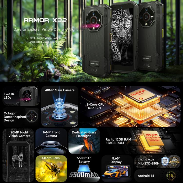 Téléphone robuste Ulefone Armor X32, 8 Go+256 Go, Vision nocturne, Android 14 MediaTek Helio G91 Octa Core de 5,65 pouces, Réseau : 4G, NFC, OTG