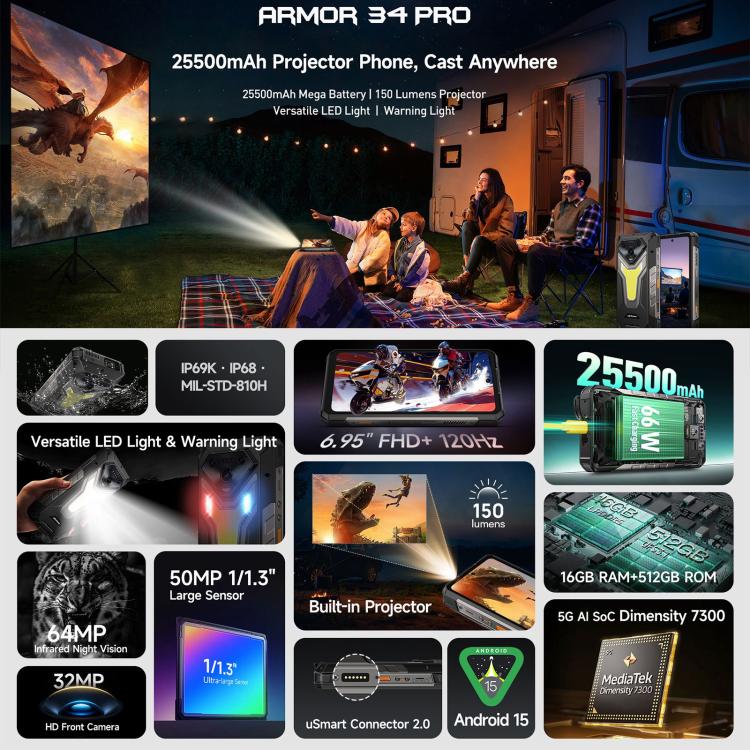 Ulefone Armor 34 Pro, 16GB+512GB, Night Vision, IP68/IP69K Rugged Phone, 6.95 inch Android 15 MediaTek Dimensity 7300 Octa Core, Network: 5G, NFC, OTG
