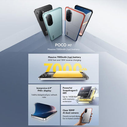 Xiaomi POCO M7 Global, 6GB+128GB, Side Fingerprint, 6.9 inch Xiaomi HyperOS 2 Snapdragon 685 4G Octa Core, NFC, Network: 4G