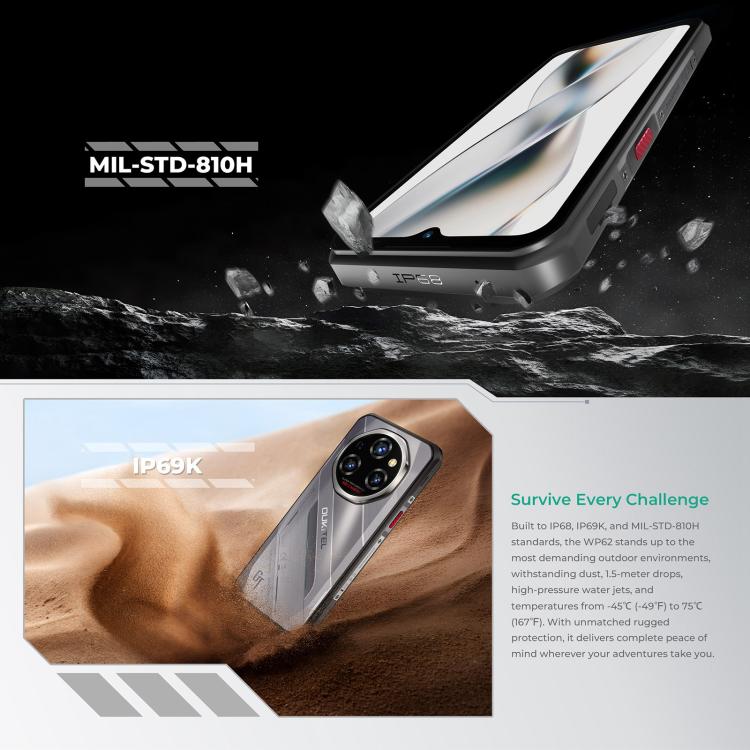 Oukitel WP62 Rugged Phone, 12GB+512GB, 108MP Camera, Fingerprint Identification, 6.6 inch Android 15 MediaTek Dimensity 7025 Octa Core, NFC, OTG, Network: 5G, 12GB+512GB