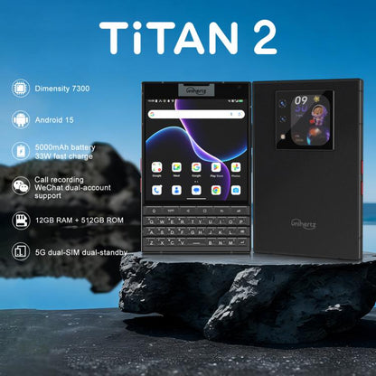 Téléphone Unihertz Titan 2 avec clavier physique AZERTY, 12 Go + 512 Go, empreinte digitale, écran 4,5 pouces + 2 pouces, Android 15 Dimensity 7300 5G Octa-Core, Réseau : 5G, NFC, OTG