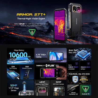 Ulefone Armor 27T+ Rugged Phone, 12GB+256GB, Thermal Imager, Night Vision, 10600mAh, 6.78 inch Android 14 MediaTek Helio G99 Octa Core, Network: 4G, NFC, OTG, Armor 27T+
