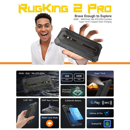 Ulefone RugKing 2 Pro, 4GB+64GB, IP68/IP69K Rugged Phone, 5.45 inch Android 16 Unisoc T7250 Octa Core, Network: 4G, NFC, OTG, RugKing 2 Pro, 4GB+64GB
